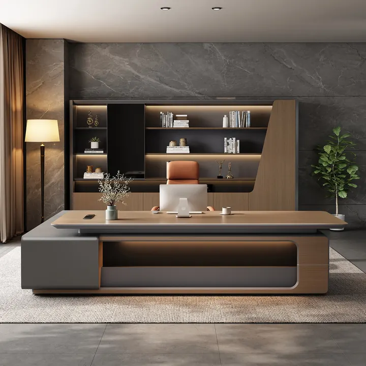 Ashford Executive Desk - Warm timber executive desk with leather chair and guest seating