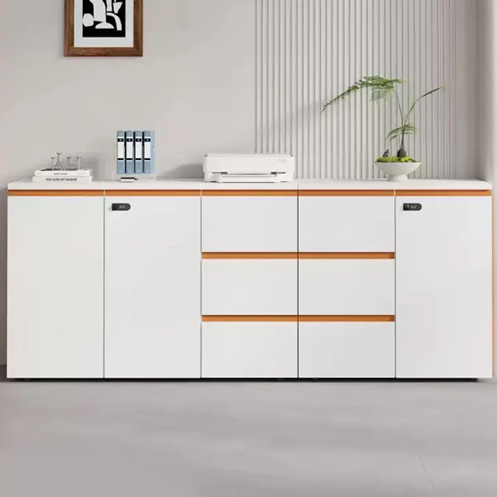 Bloom Credenza with Drawer Bank - White credenza with amber accent doors and drawer bank