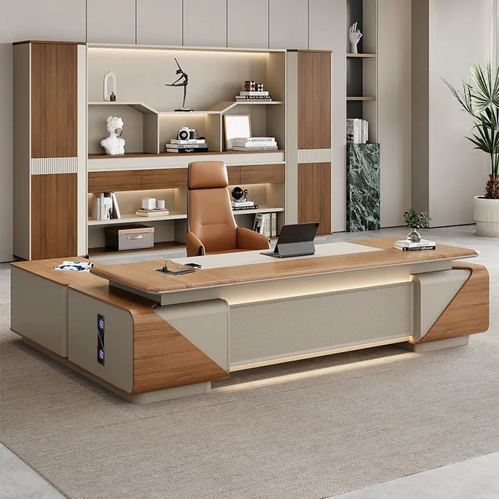 Chelsea Executive Desk - Light oak desk with linen panels and open display hutch