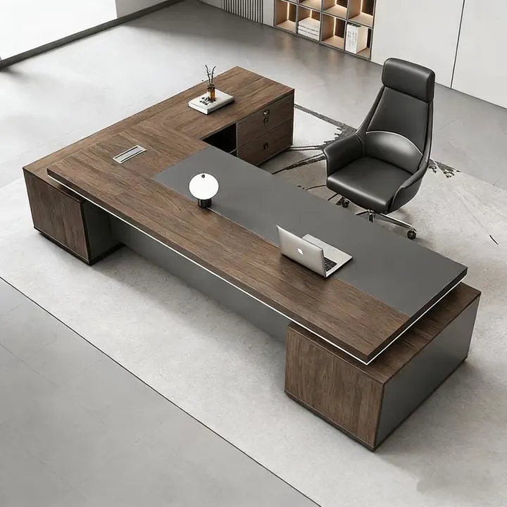 Cortez Executive L-Desk - L-shaped executive workstation with leather inset and return