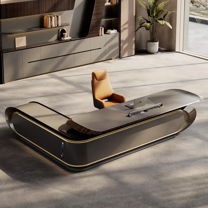 Elara Executive Desk - Sculptural executive desk with upholstered leather shell