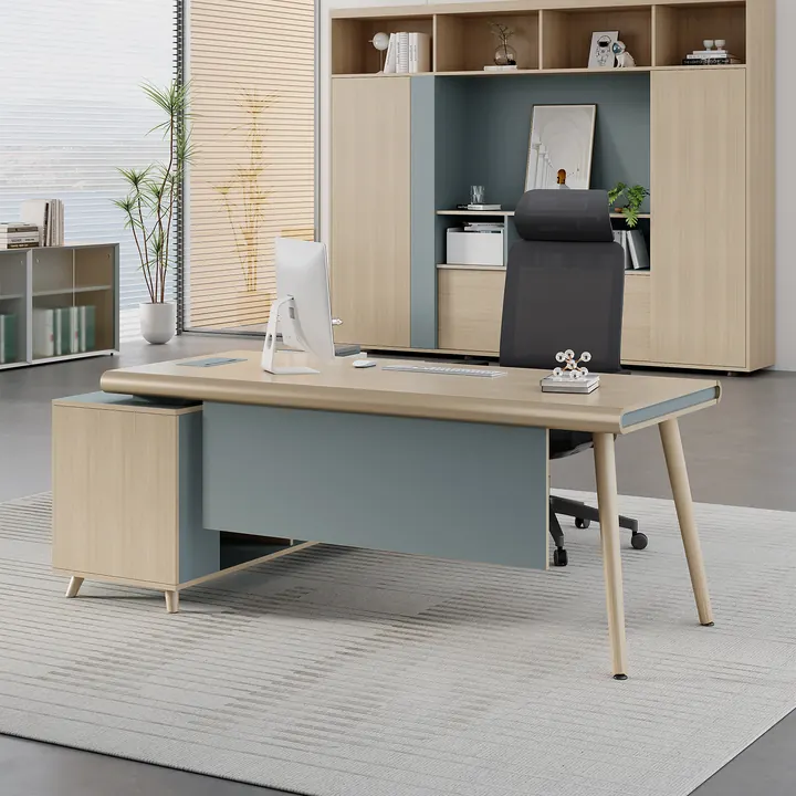 Kyoto Executive Desk - Oak desk with deep teal modesty panel and privacy side panel