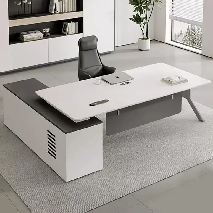 Lucerne Executive Desk - Graphite desk with white modesty panel and wire tray