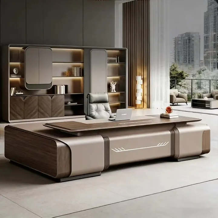 Meridian Executive Desk - Sculpted desktop with satin stone effect and soft-close storage