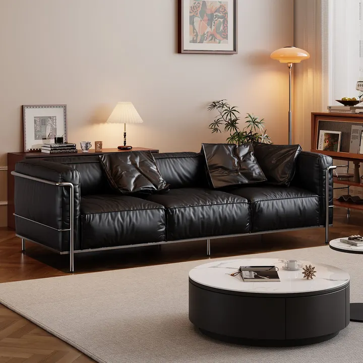 Metropolitan Leather Sofa - Black leather three-seat sofa with contrast piping
