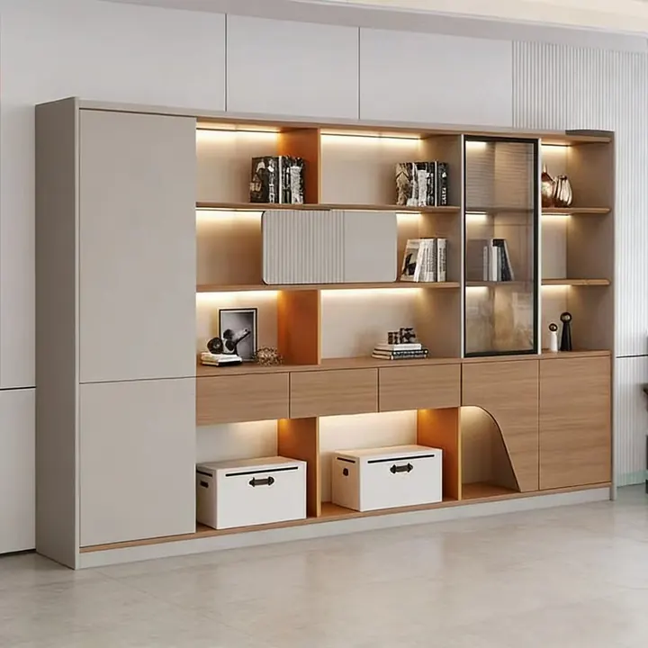 Oakline Open Shelf Storage Wall - Modular oak shelving wall with LED niche and crates