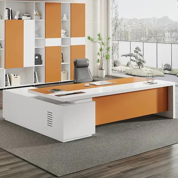 Santorini Executive Desk - White and amber executive desk with hutch and LED lighting
