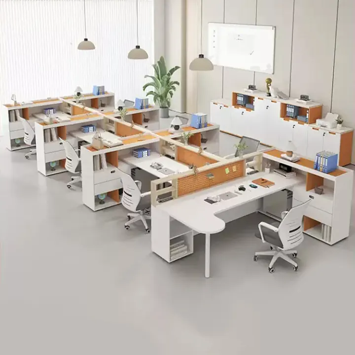 Solstice Workstation System - White bench system with amber accents and storage returns