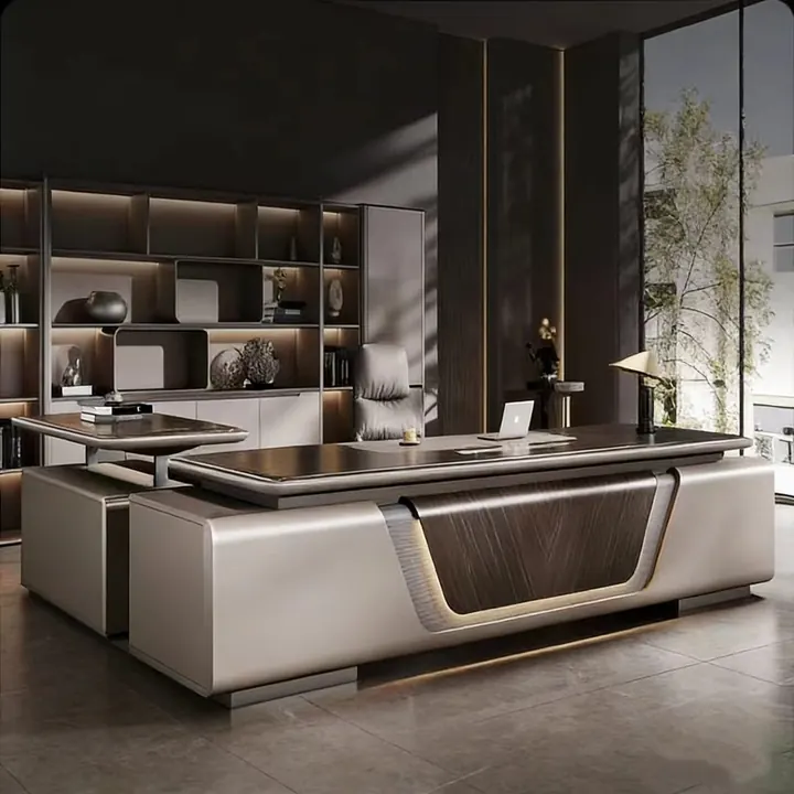 Sovereign Executive Desk - Full-grain leather desktop with brushed inlay and gallery shelving