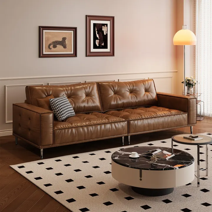 Verona Tan Leather Sofa - Tan leather sofa with piping detail and bolster cushions